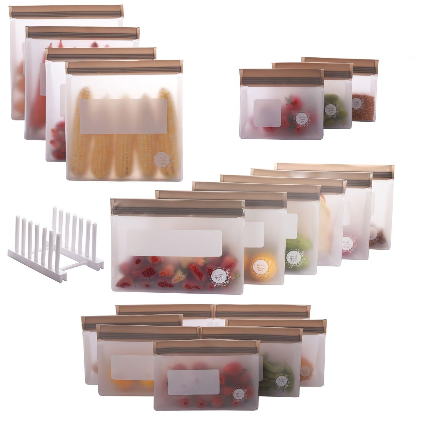 Double Quable Zip-it Food Storage Bags Multipack – Non-BPA Silicone Bags Reusable Storage - Freezer Dishwasher Safe Sandwich Baggies (21 Pack of 4 Gallon, 6 Large, 7 M, 3 Small Bags, 1 Rack (Grey))