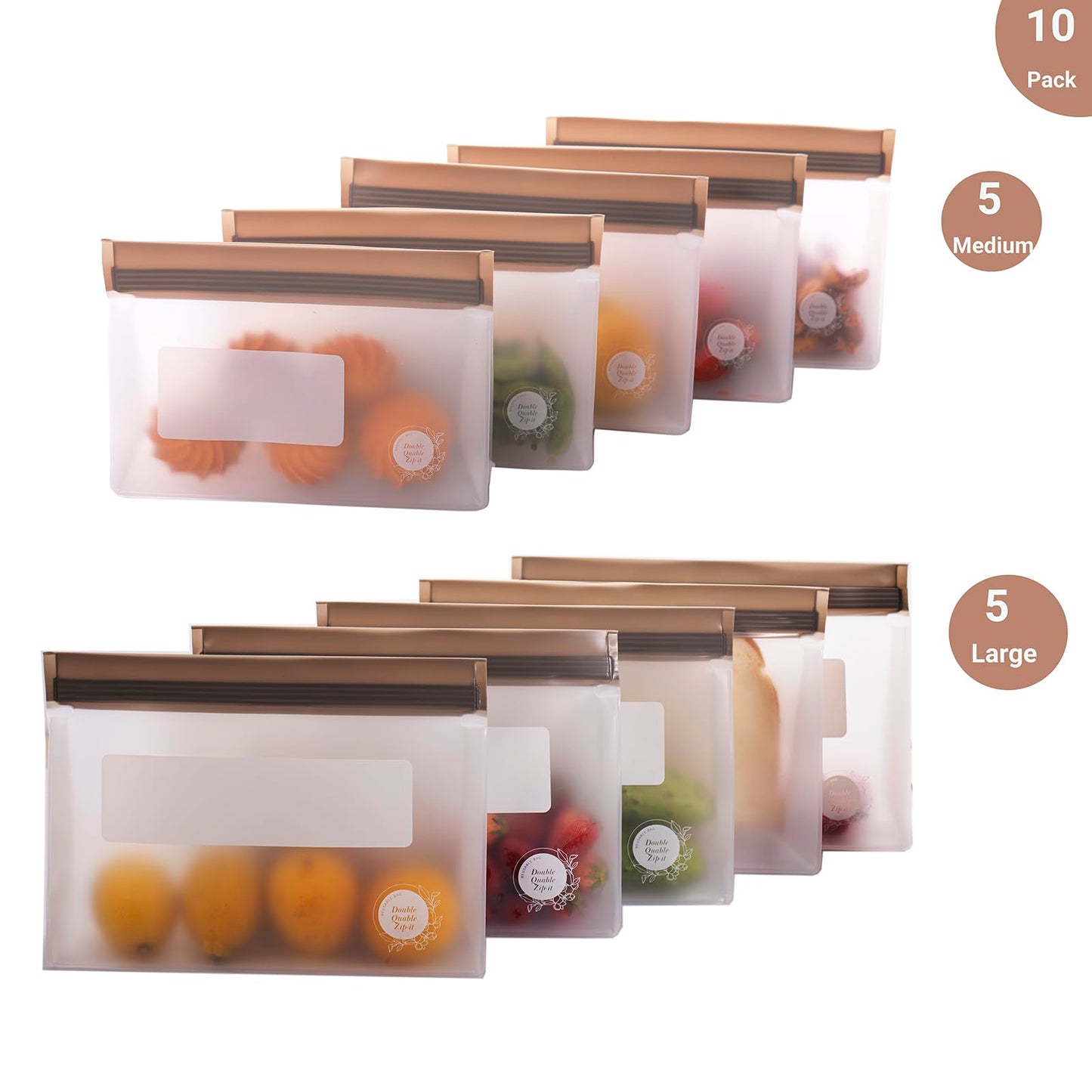 Double Quable Zip-it Food Storage Bags Multipack – Non-BPA Silicone Bags Reusable Storage - Freezer Dishwasher Safe Sandwich Baggies (10 Pack of 5 Large, 5 Medium Bags (Grey))