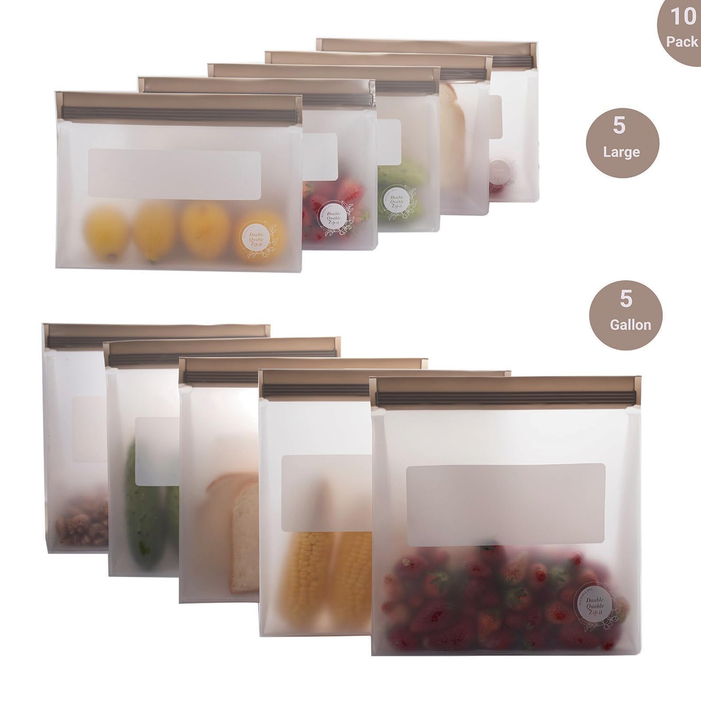 Double Quable Zip-it Food Storage Bags Multipack – Non-BPA Silicone Bags Reusable Storage - Freezer Dishwasher Safe Sandwich Baggies (10 Pack of 5 Gallon, 5 Large Bags (Grey))