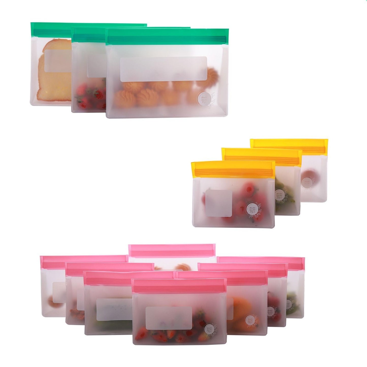 Double Quable Zip-it Food Storage Bags Multipack – Non-BPA Silicone Bags Reusable Storage - Freezer Dishwasher Safe Sandwich Baggies (14 Pack of 3 Large, 8 Medium, 3 Small Bags (Multicolors))