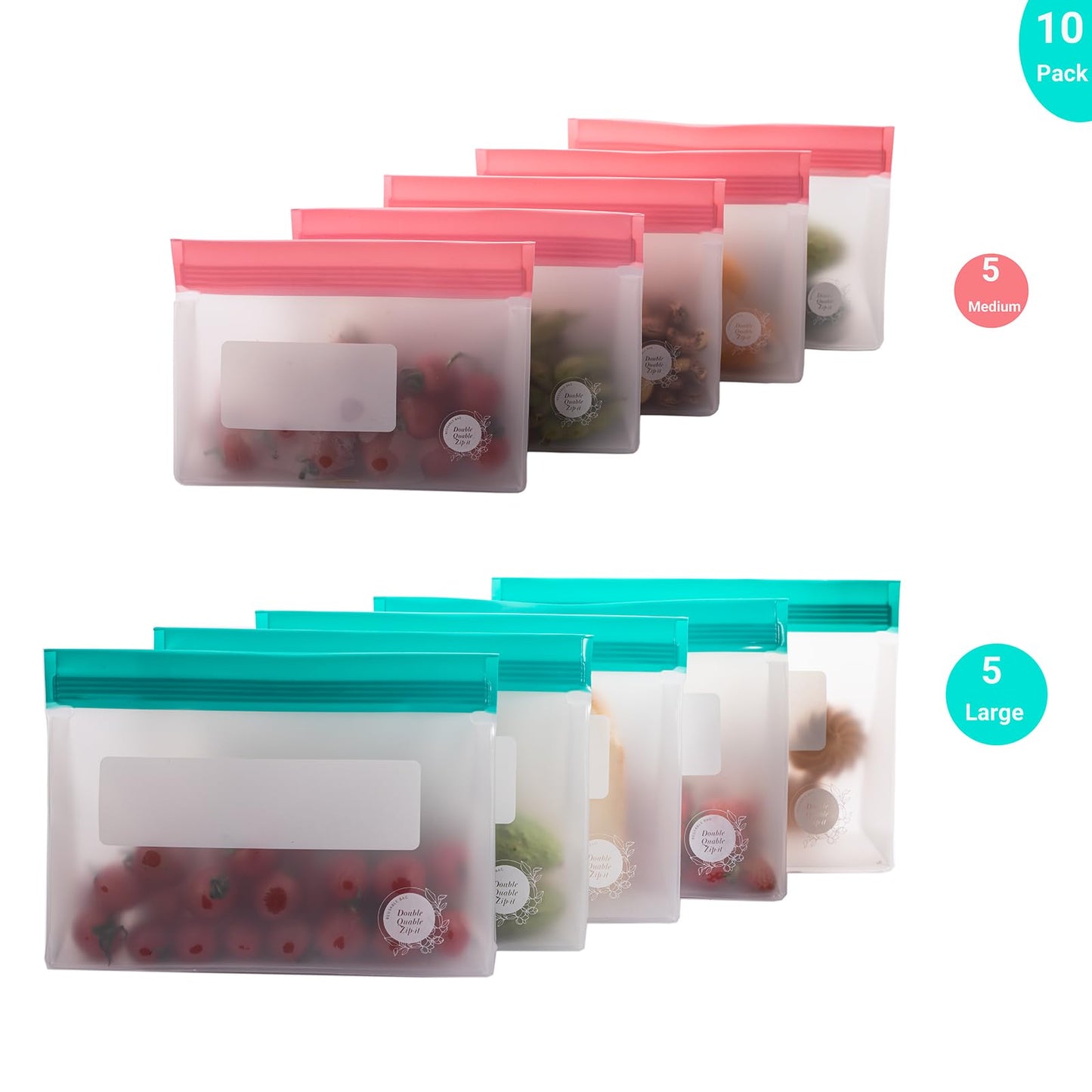 Double Quable Zip-it Food Storage Bags Multipack – Non-BPA Silicone Bags Reusable Storage - Freezer Dishwasher Safe Sandwich Baggies (10 Pack of 5 Large, 5 Medium Bags (Multicolors))