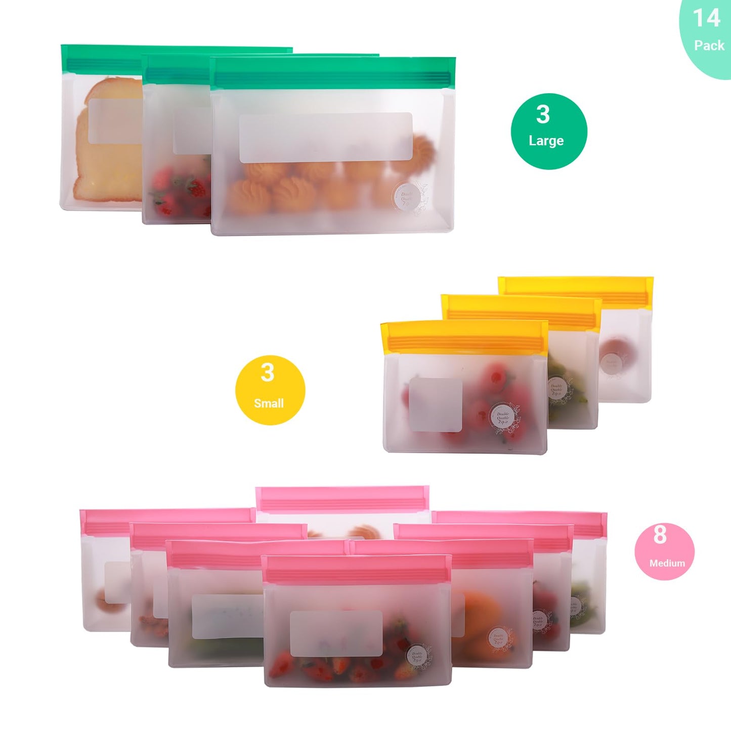 Double Quable Zip-it Food Storage Bags Multipack – Non-BPA Silicone Bags Reusable Storage - Freezer Dishwasher Safe Sandwich Baggies (14 Pack of 3 Large, 8 Medium, 3 Small Bags (Multicolors))