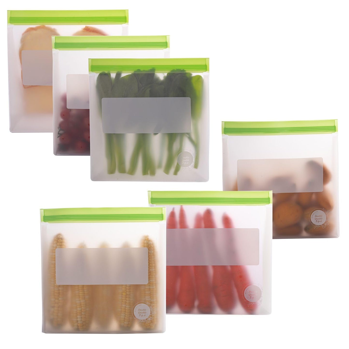 Double Quable Zip-it Food Storage Bags Multipack – Non-BPA Silicone Bags Reusable Storage - Freezer Dishwasher Safe Sandwich Baggies (6 Pack of 6 Gallon Bags (Multicolor (Green))