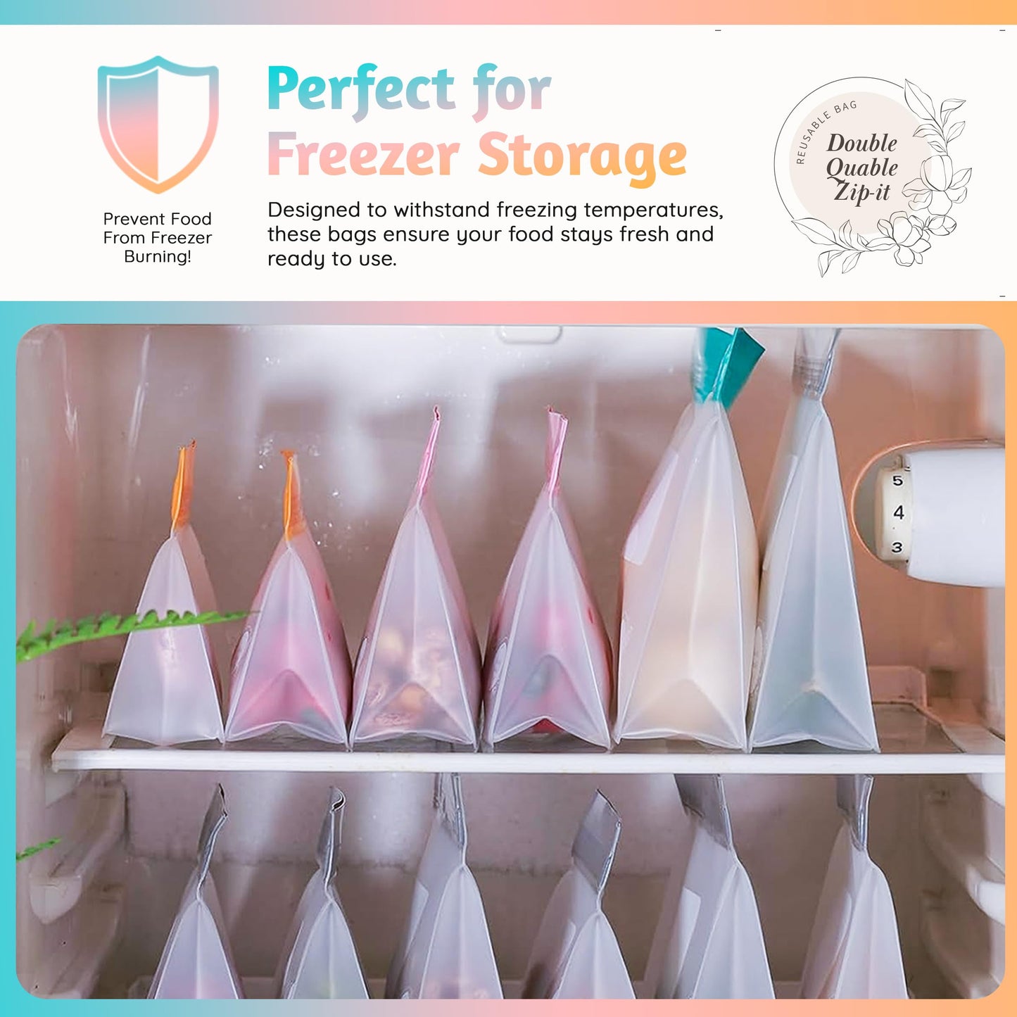 Double Quable Zip-it Food Storage Bags Multipack – Non-BPA Silicone Bags Reusable Storage - Freezer Dishwasher Safe Sandwich Baggies (21 Pack of 4 Gallon, 6 L, 7 M, 3 Small Bags,1 Rack (Multicolors))