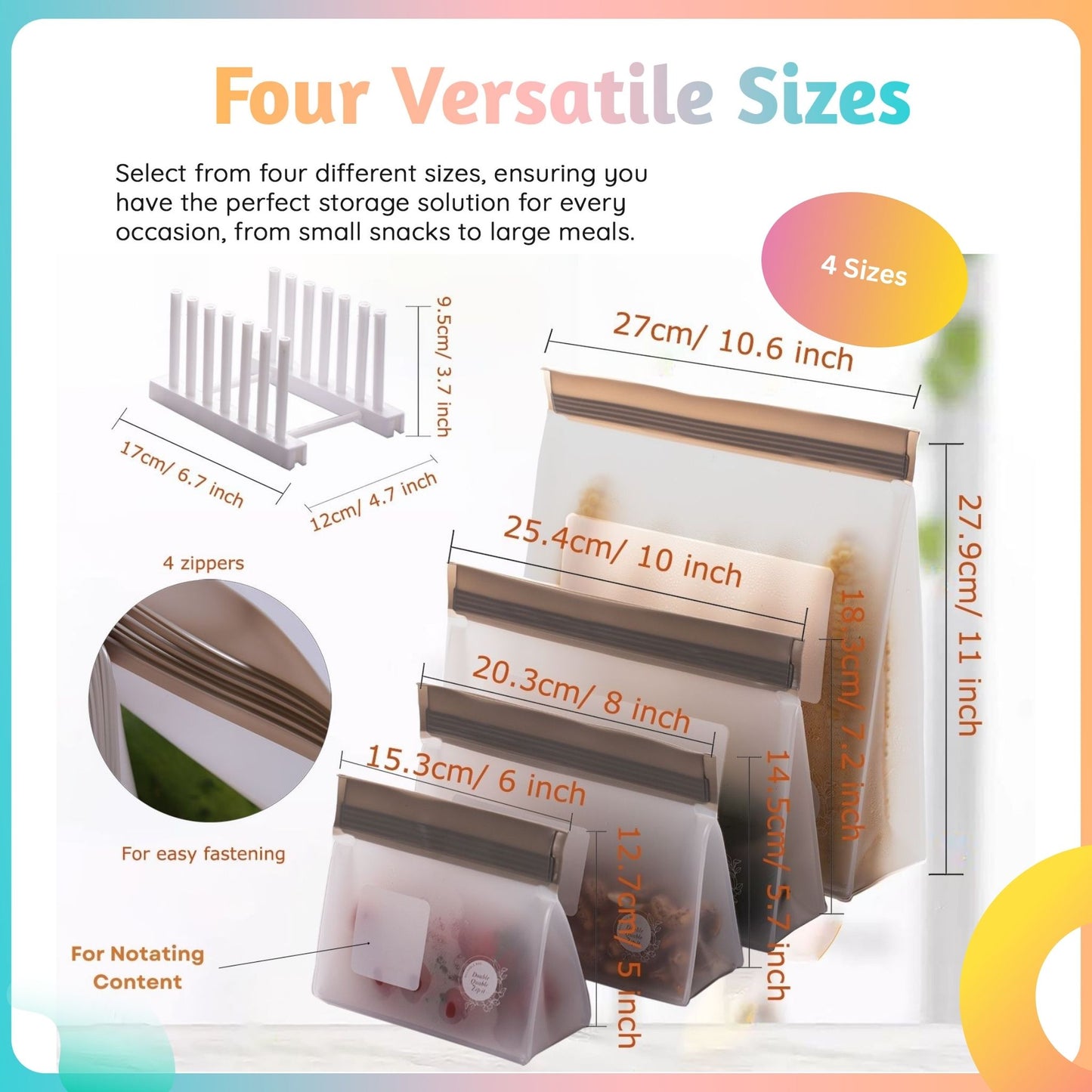 Double Quable Zip-it Food Storage Bags Multipack – Non-BPA Silicone Bags Reusable Storage - Freezer Dishwasher Safe Sandwich Baggies (10 Pack of 5 Large, 5 Medium Bags (Grey))