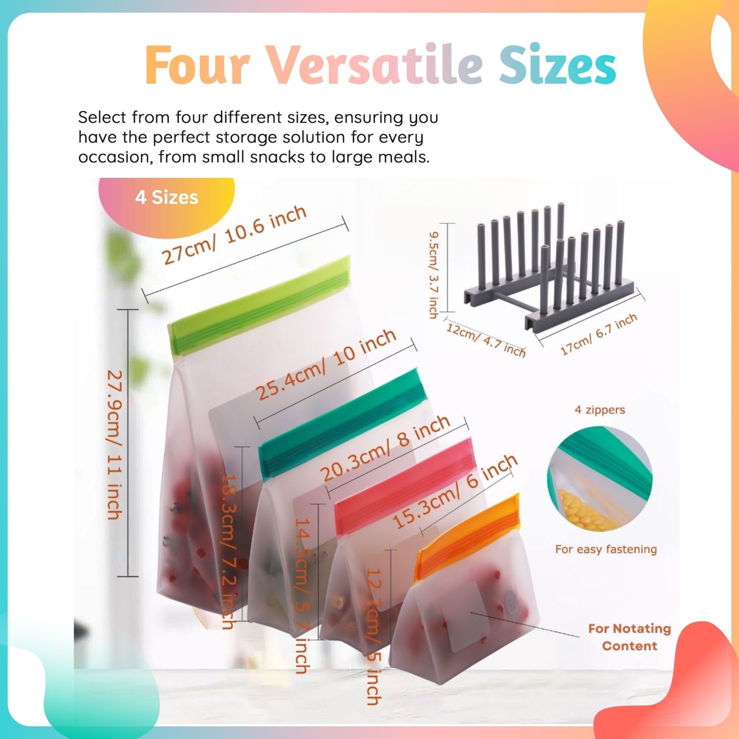 Double Quable Zip-it Food Storage Bags Multipack – Non-BPA Silicone Bags Reusable Storage - Freezer Dishwasher Safe Sandwich Baggies (6 Pack of 6 Gallon Bags (Multicolor (Green))